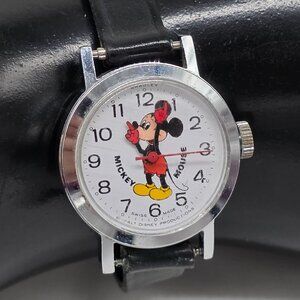 Vintage Bradley Swiss Made Mickey Mouse Wrist Watch With Black Leather Windup